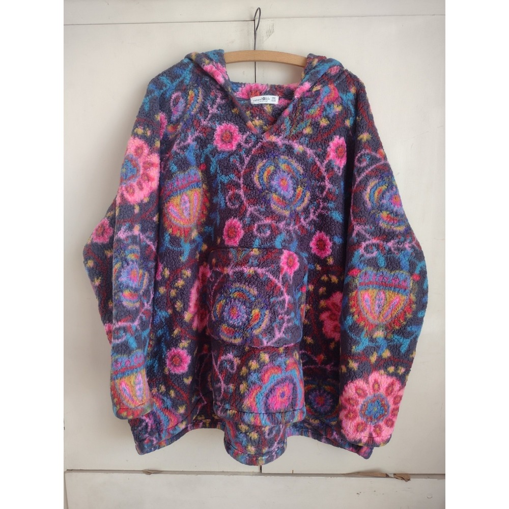 Natural Life Hoodie OS Multi Color Floral Pink Purple Sherpa Pullover Oversized